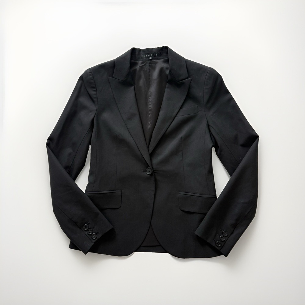 Theory Staple Crepe Blazer Wool Womens Size 2 One Button Suit Jacket Lapel Black